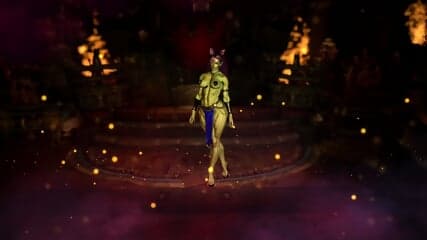 Muscular feral orc queen in bikini armor dancing and flexing her biceps
